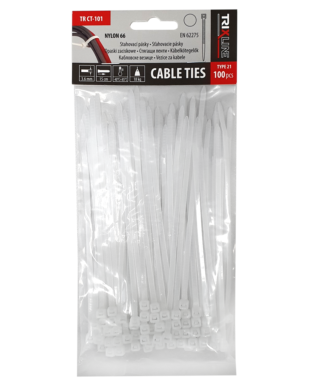 Stahovací pásky TR CT-101 150x3,6mm, bílé TRIXLINE, 100ks