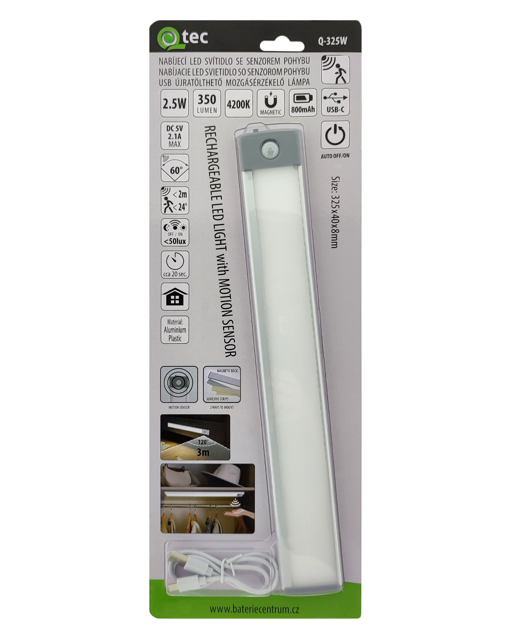 Q-325W USB Nabíjecí LED osvětlení 2,5W 4200K se senzorem pohybu QTEC