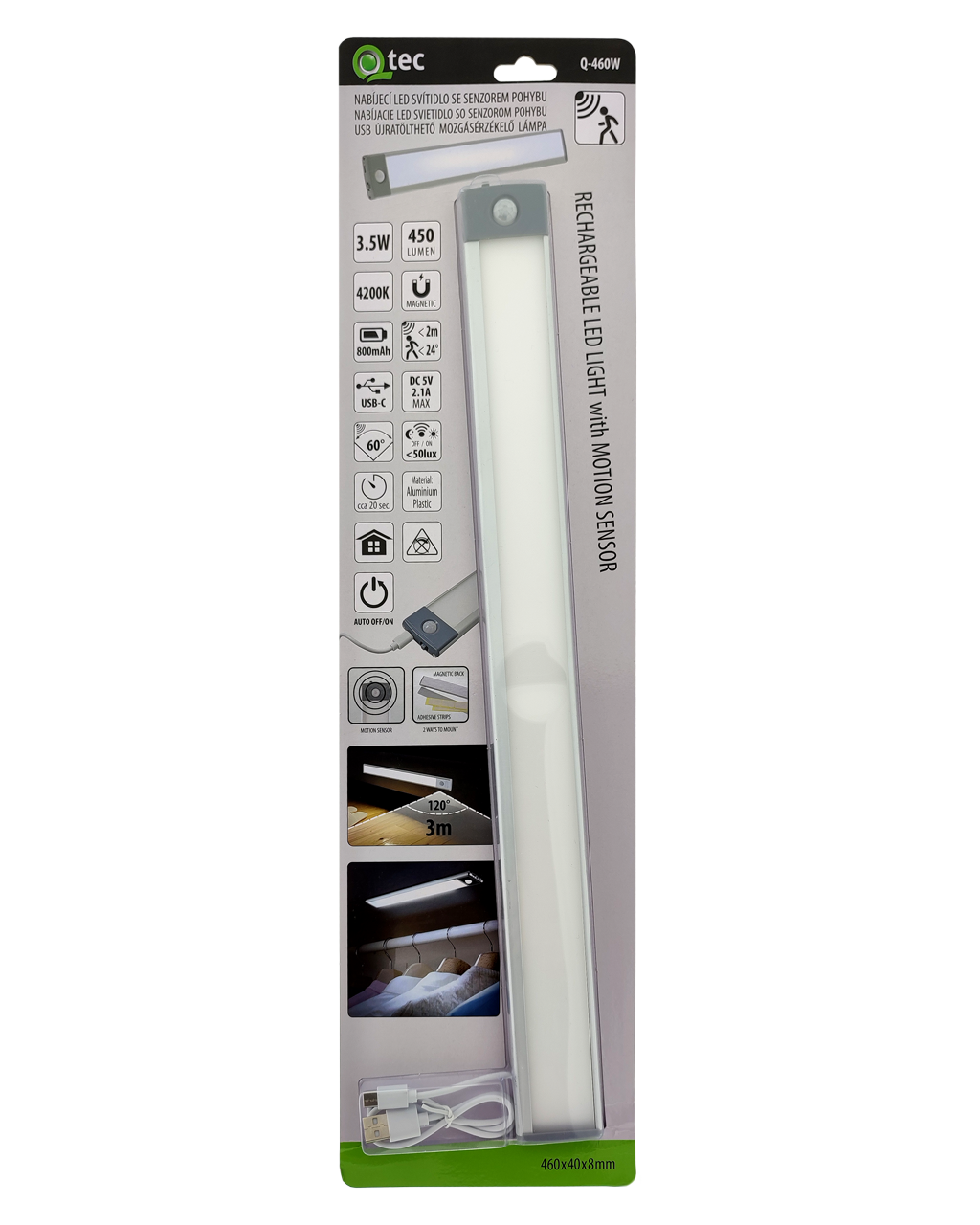 Q-460W USB Nabíjecí LED osvětlení 3,5W 4200K se senzorem pohybu QTEC