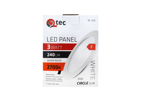 LED panel Qtec Q-216C 3W, kruhový vestavný 2700K