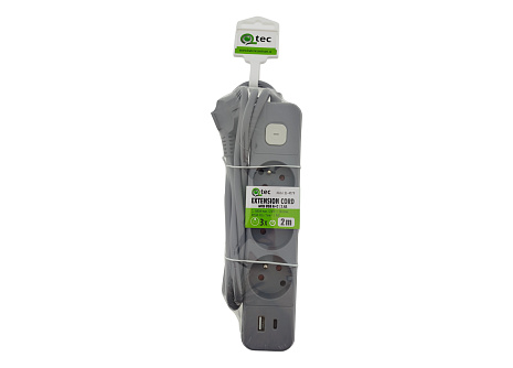 QTEC Q-417F Prodlužovací přívod 2m 3 zásuvka + VYP - USB A+C/2,4A