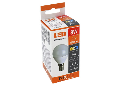 LED žárovka Trixline 8W E14 P45 teplá bílá